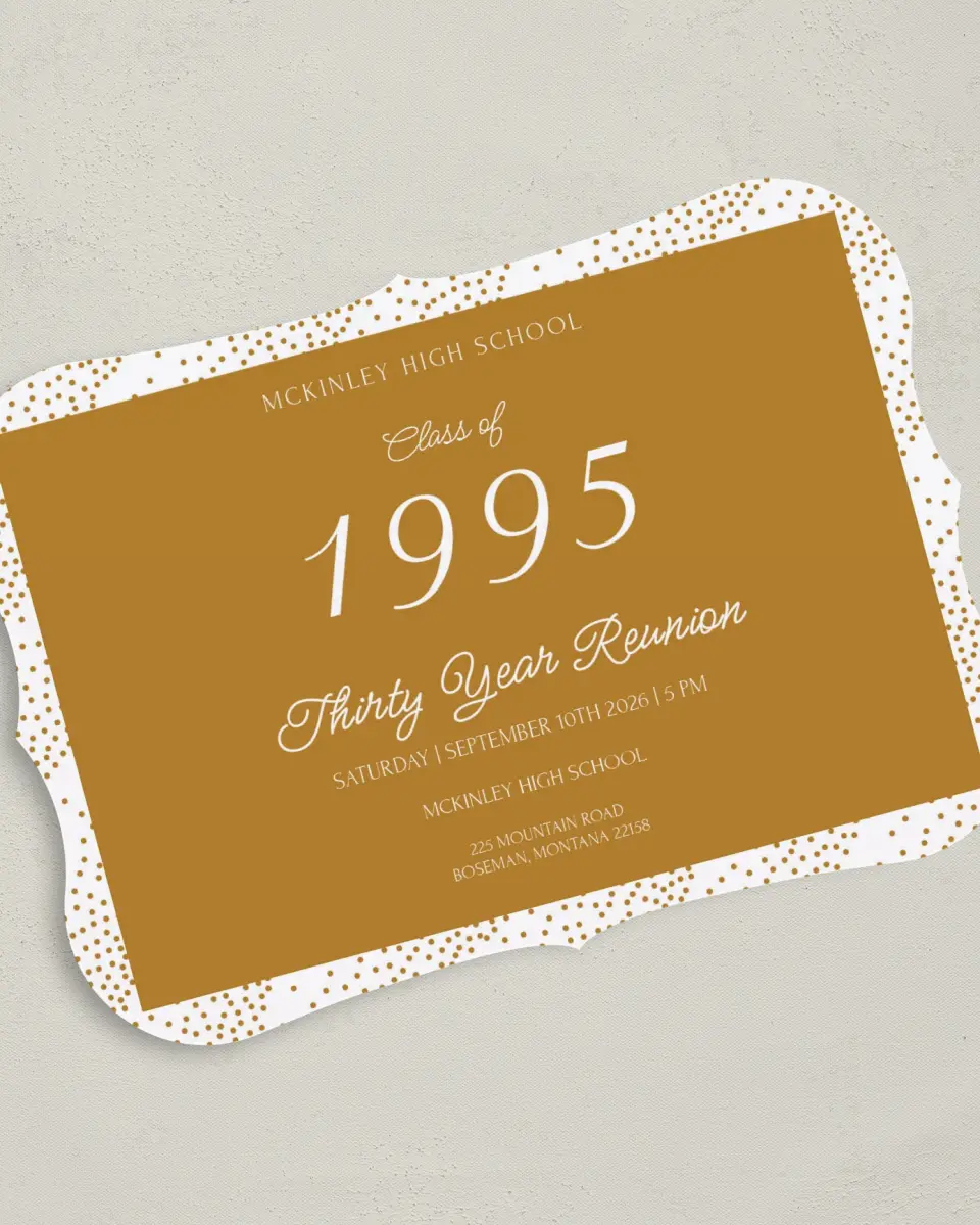 This is a 5" x 7" Class Reunion called Golden Confetti printed in full color on Premium Smooth paper