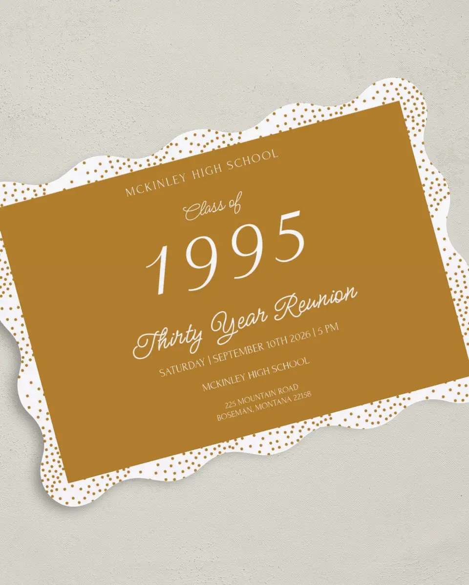 This is a 5" x 7" Class Reunion called Golden Confetti printed in full color on Premium Smooth paper