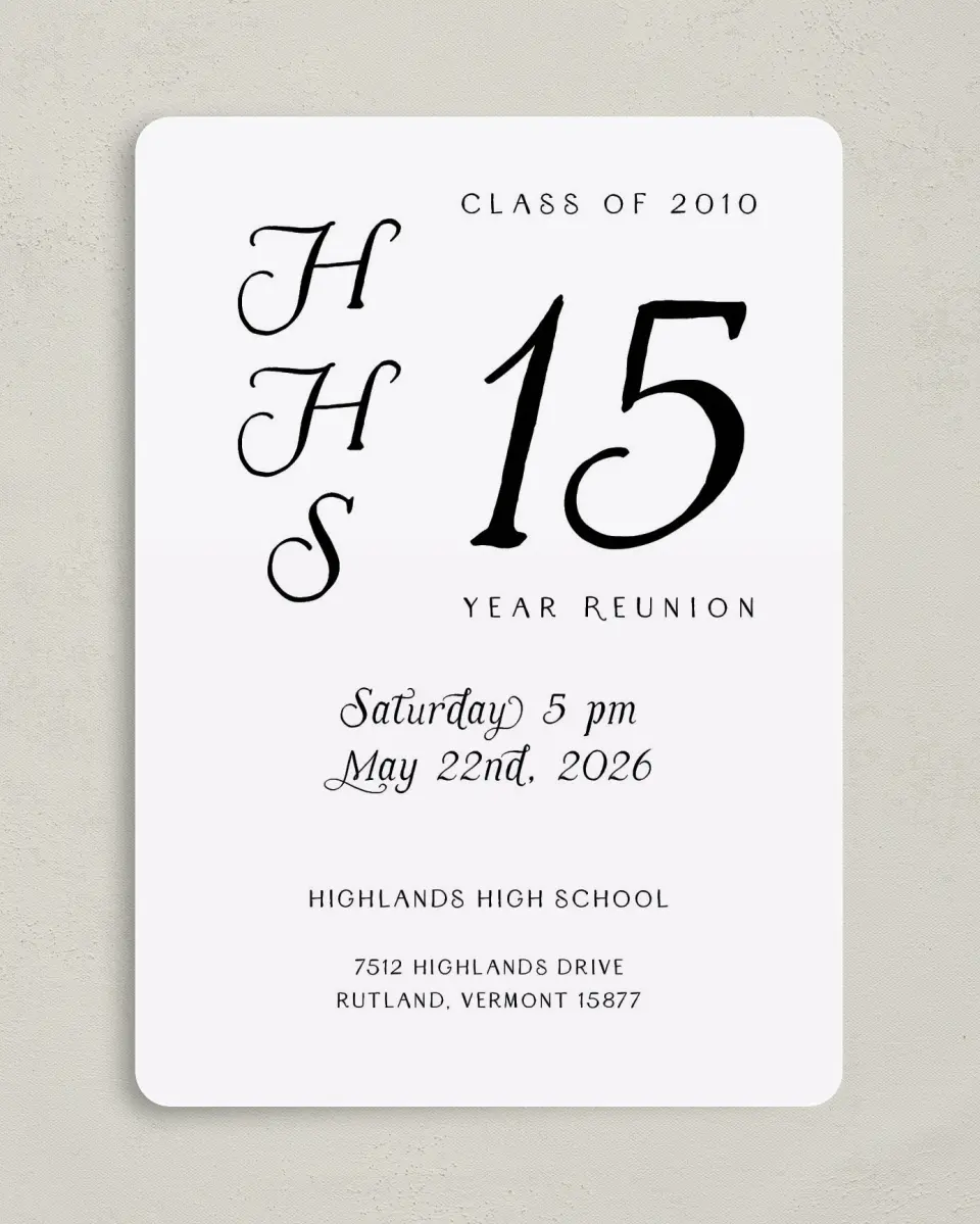 This is a 5" x 7" Class Reunion called Magnificent Monogram printed in full color on Premium Smooth paper