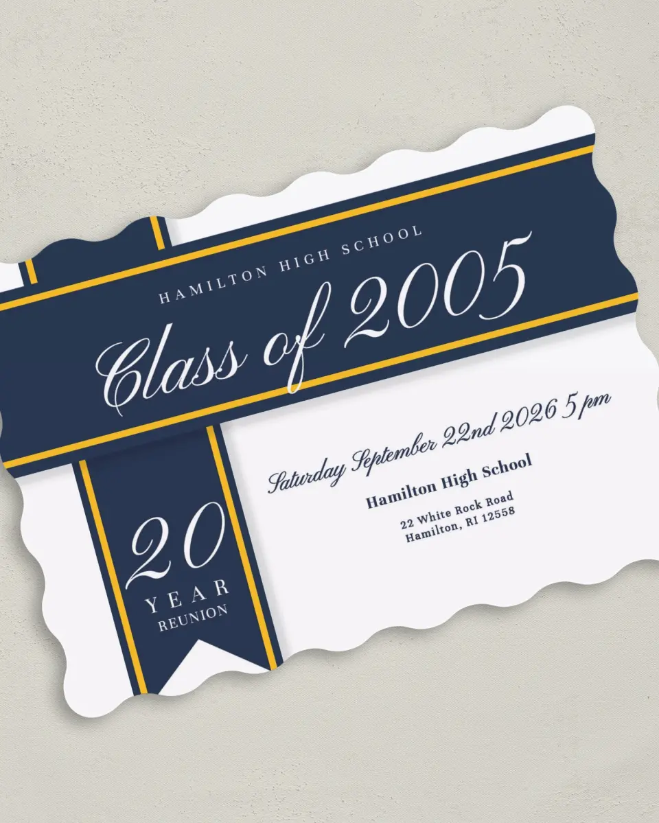 This is a 5" x 7" Class Reunion called Elegant Banner printed in full color on Premium Smooth paper