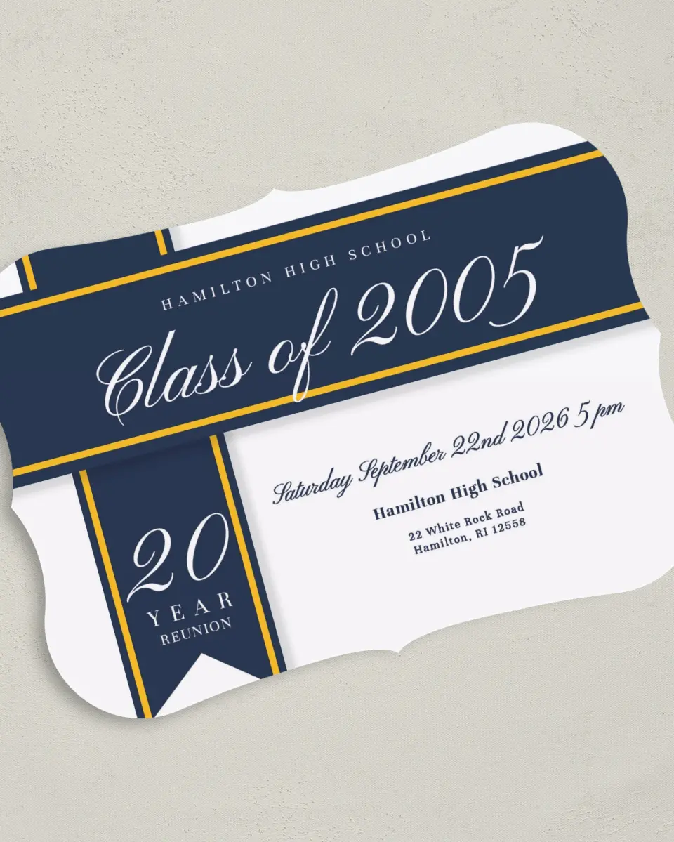 This is a 5" x 7" Class Reunion called Elegant Banner printed in full color on Premium Smooth paper