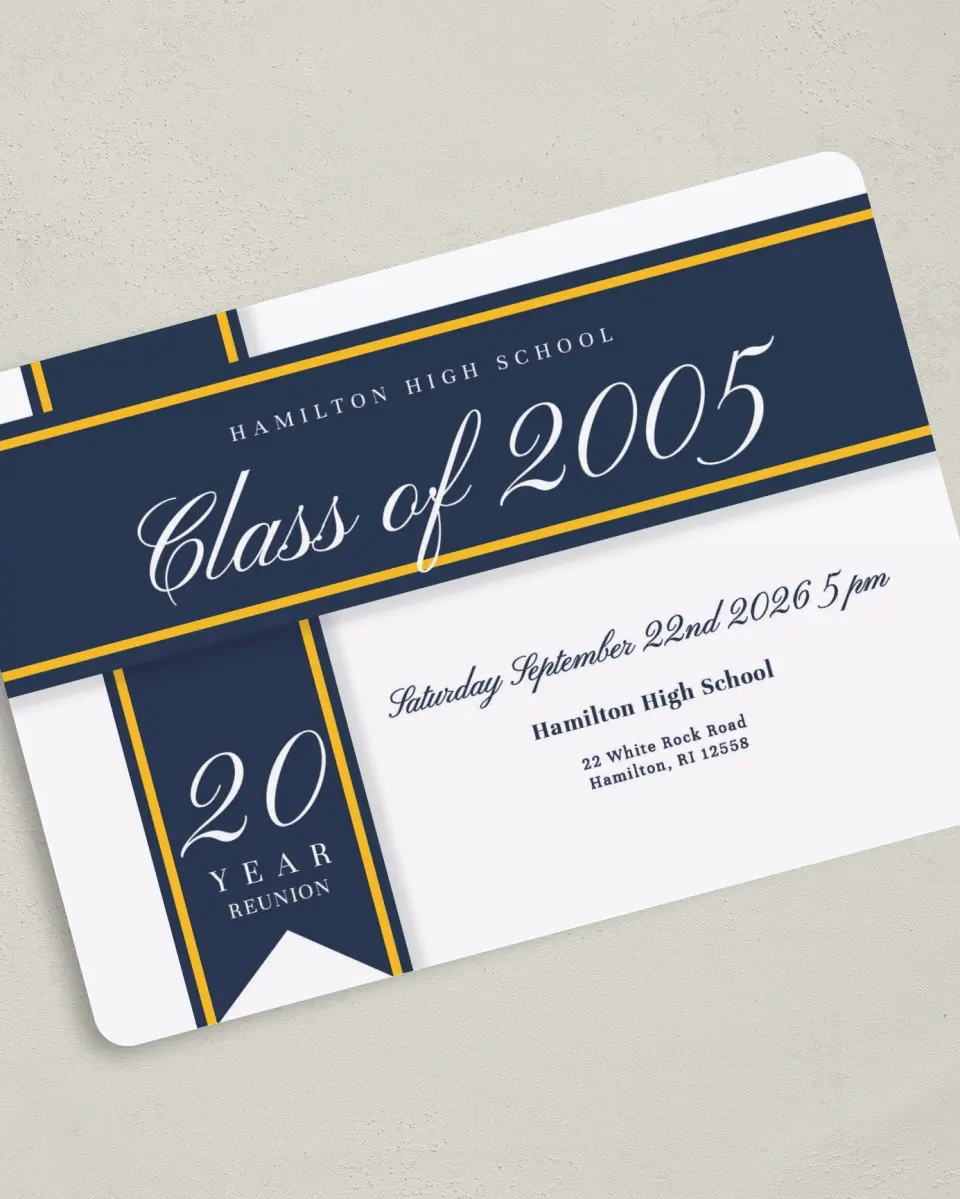 This is a 5" x 7" Class Reunion called Elegant Banner printed in full color on Premium Smooth paper