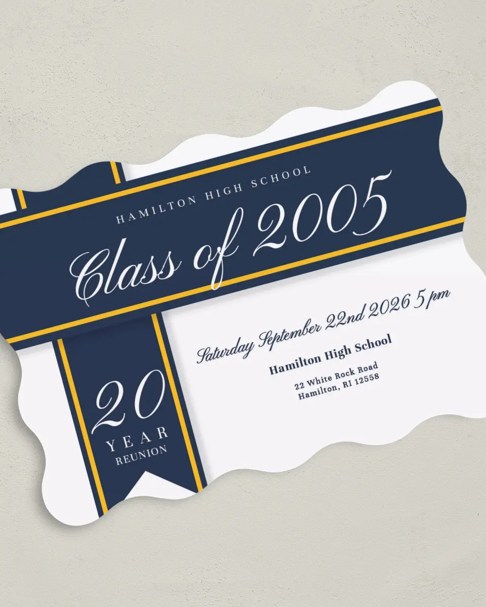 This is a 5" x 7" Class Reunion called Elegant Banner printed in full color on Premium Smooth paper