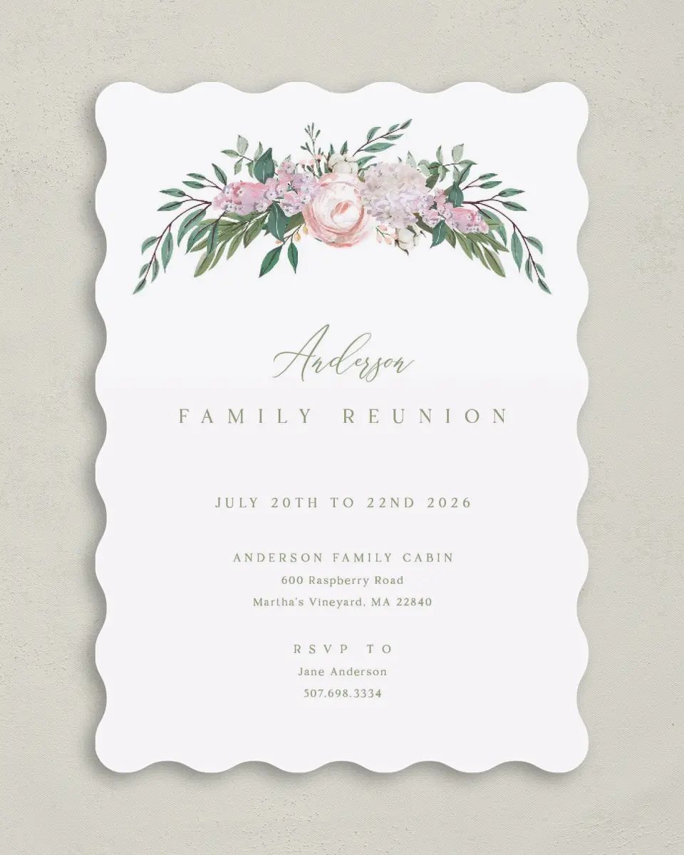 This is a 5" x 7" Family Reunion called Floral Canopy printed in full color on Premium Smooth paper