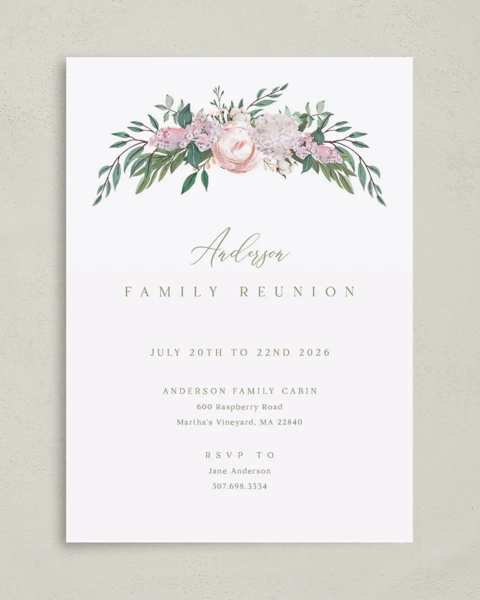 This is a 5" x 7" Family Reunion called Floral Canopy printed in full color on Premium Smooth paper