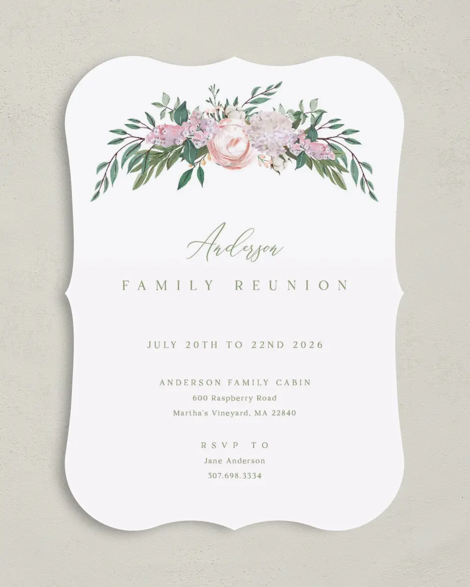 This is a 5" x 7" Family Reunion called Floral Canopy printed in full color on Premium Smooth paper