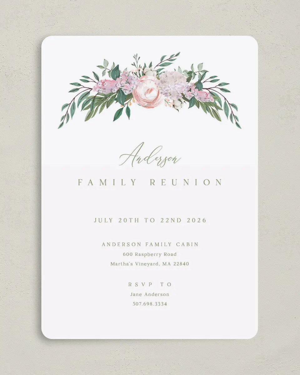 This is a 5" x 7" Family Reunion called Floral Canopy printed in full color on Premium Smooth paper