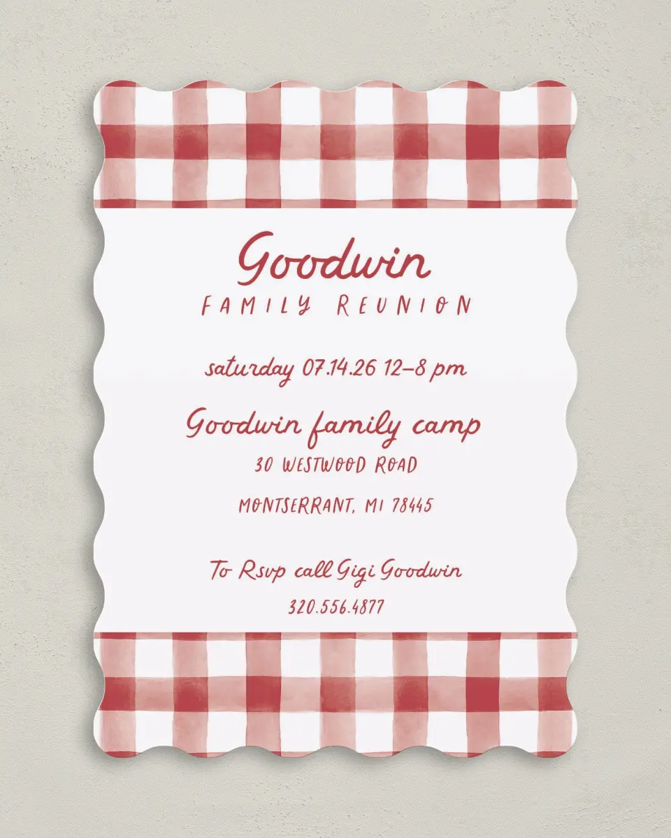 This is a 5" x 7" Family Reunion called Glad and Gingham printed in full color on Premium Smooth paper
