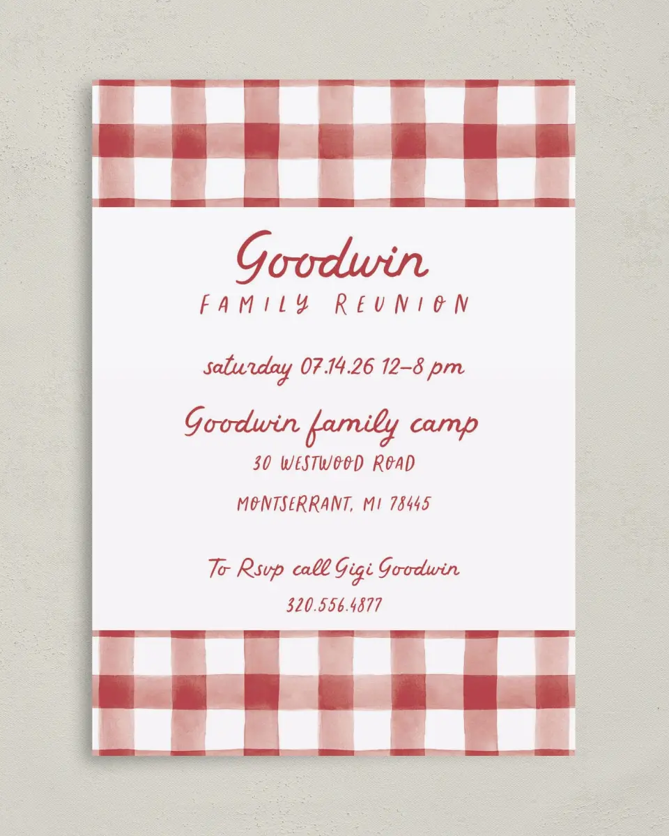 This is a 5" x 7" Family Reunion called Glad and Gingham printed in full color on Premium Smooth paper