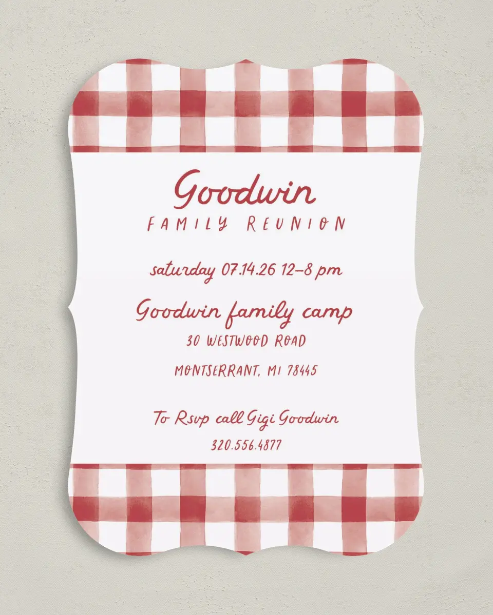 This is a 5" x 7" Family Reunion called Glad and Gingham printed in full color on Premium Smooth paper