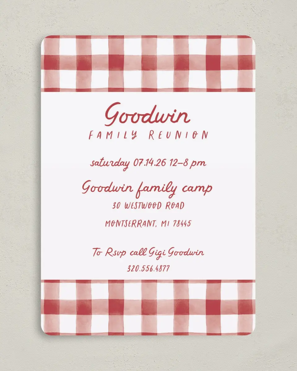 This is a 5" x 7" Family Reunion called Glad and Gingham printed in full color on Premium Smooth paper