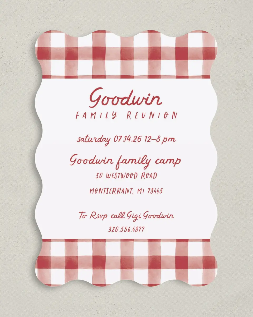 This is a 5" x 7" Family Reunion called Glad and Gingham printed in full color on Premium Smooth paper