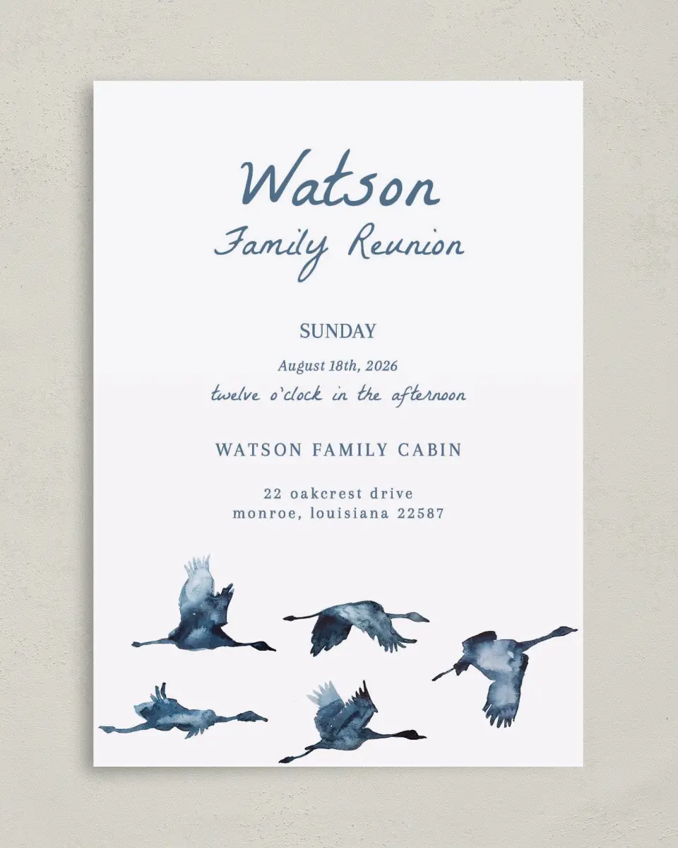 This is a 5" x 7" Family Reunion called Flying Flock printed in full color on Premium Smooth paper