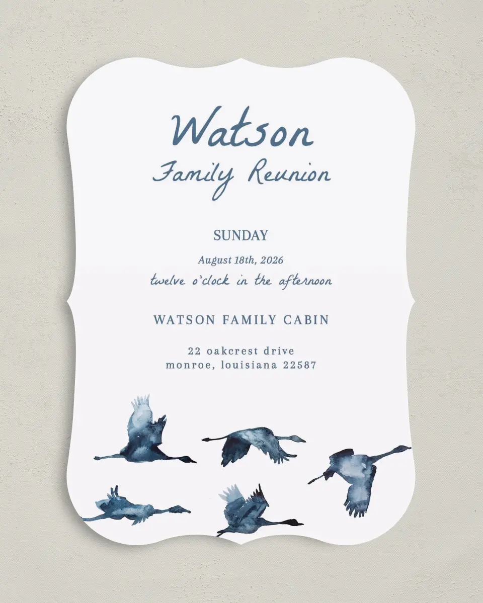 This is a 5" x 7" Family Reunion called Flying Flock printed in full color on Premium Smooth paper
