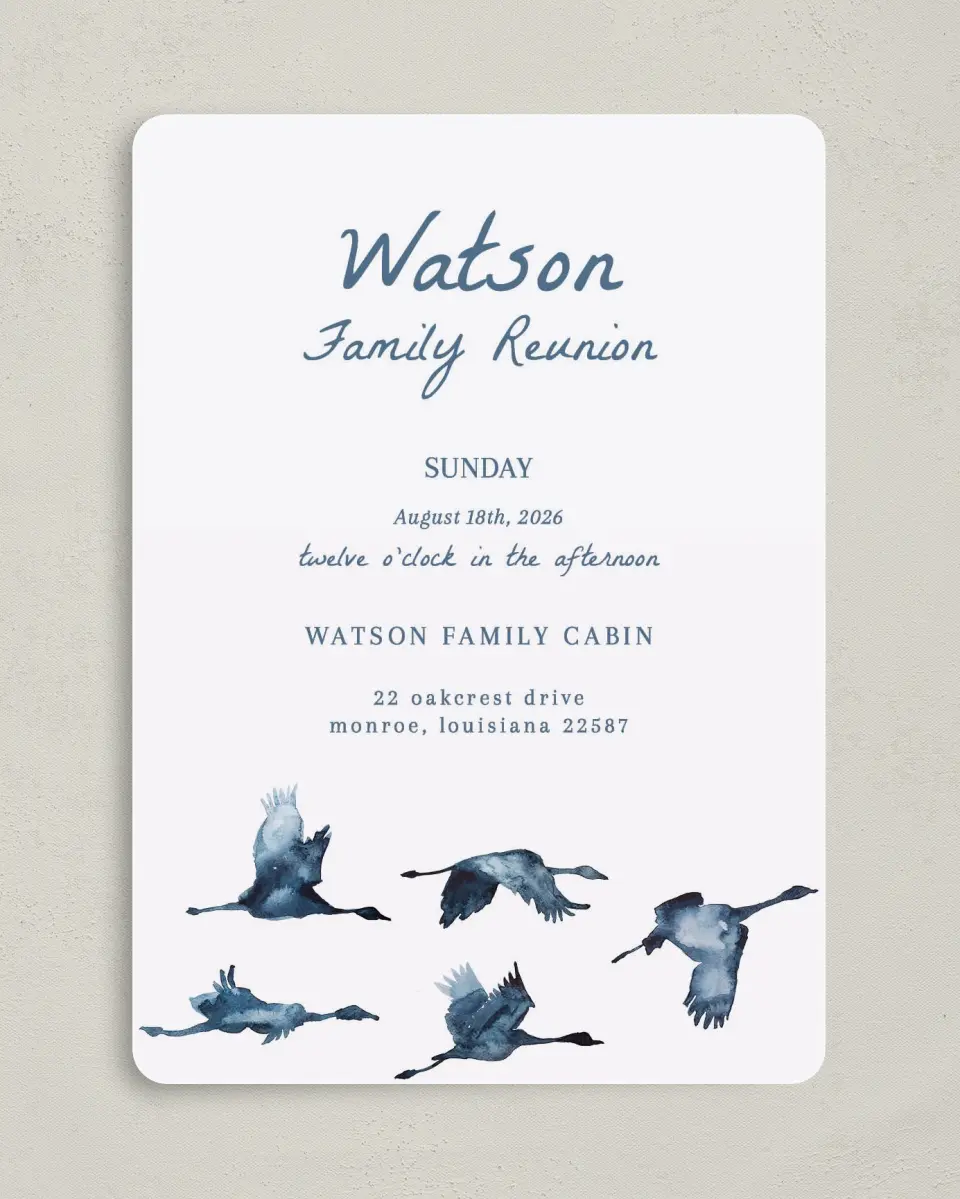 This is a 5" x 7" Family Reunion called Flying Flock printed in full color on Premium Smooth paper