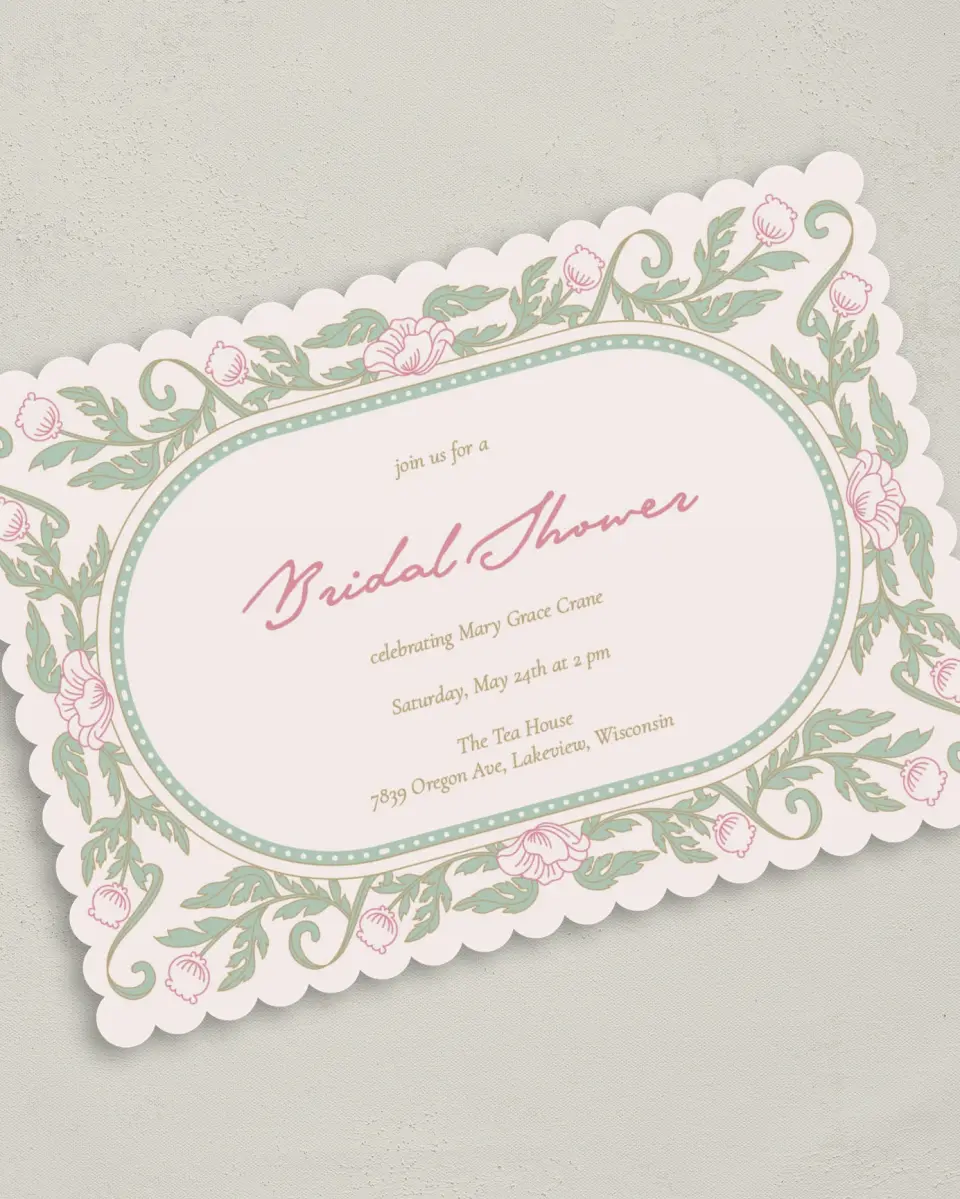 This is a 5" x 7" Bridal Shower Invitation called Secret Meadow printed in full color with Rose Gold foil on Luxe Satin (coated) paper