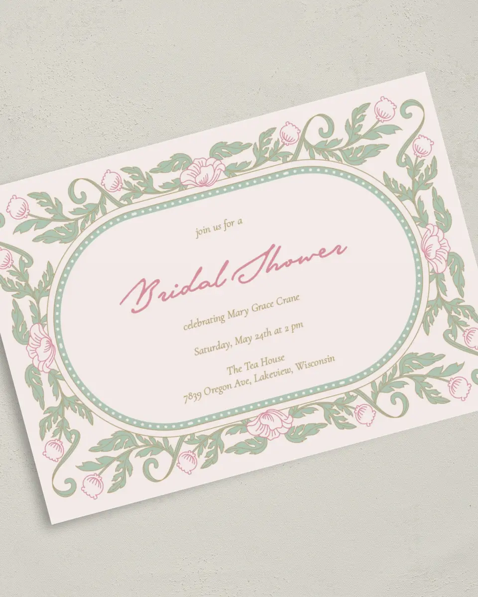 This is a 5" x 7" Bridal Shower Invitation called Secret Meadow printed in full color on Premium Smooth paper