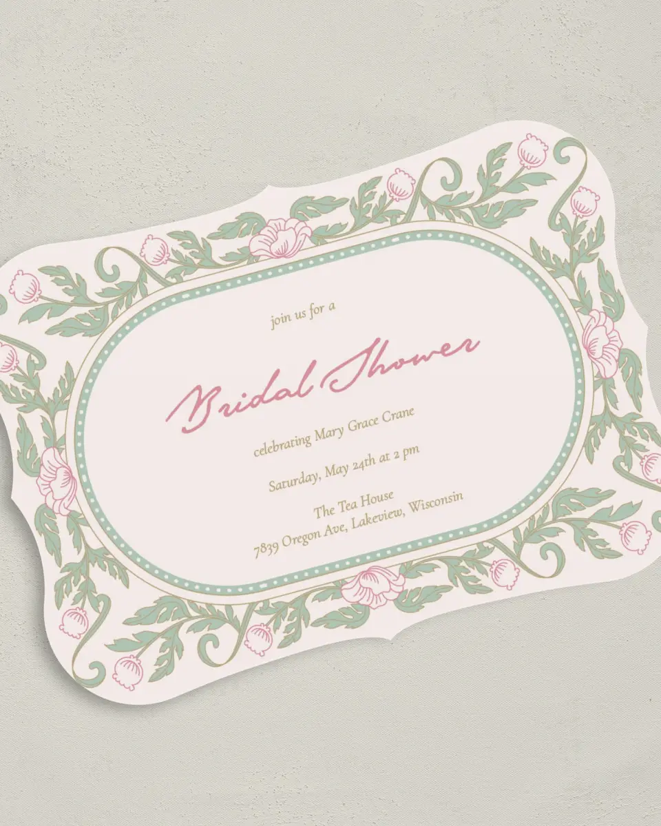 This is a 5" x 7" Bridal Shower Invitation called Secret Meadow printed in full color on Premium Smooth paper