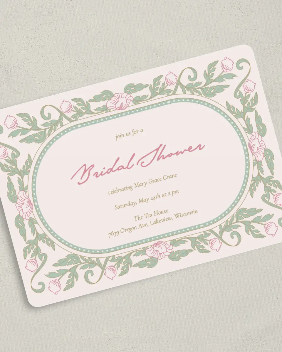 This is a 5" x 7" Bridal Shower Invitation called Secret Meadow printed in full color on Premium Smooth paper