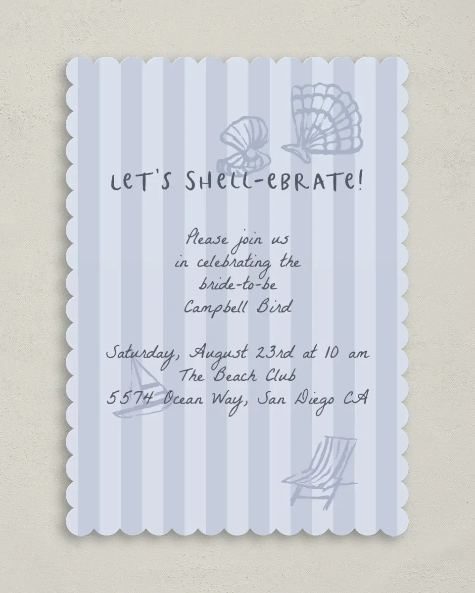 This is a 5" x 7" Bridal Shower Invitation called Shell-ebrate printed in full color with Rose Gold foil on Luxe Satin (coated) paper
