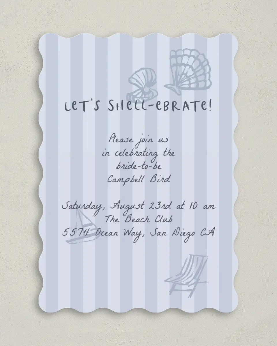 This is a 5" x 7" Bridal Shower Invitation called Shell-ebrate printed in full color on Premium Smooth paper