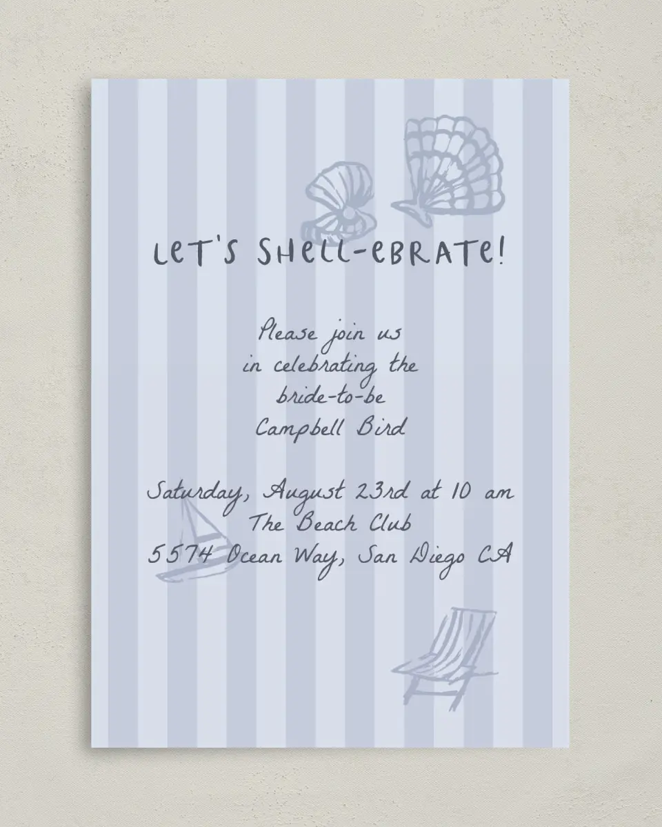 This is a 5" x 7" Bridal Shower Invitation called Shell-ebrate printed in full color on Premium Smooth paper