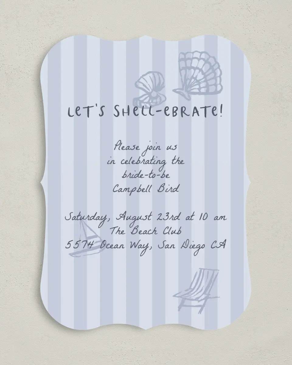 This is a 5" x 7" Bridal Shower Invitation called Shell-ebrate printed in full color with Rose Gold foil on Luxe Satin (coated) paper