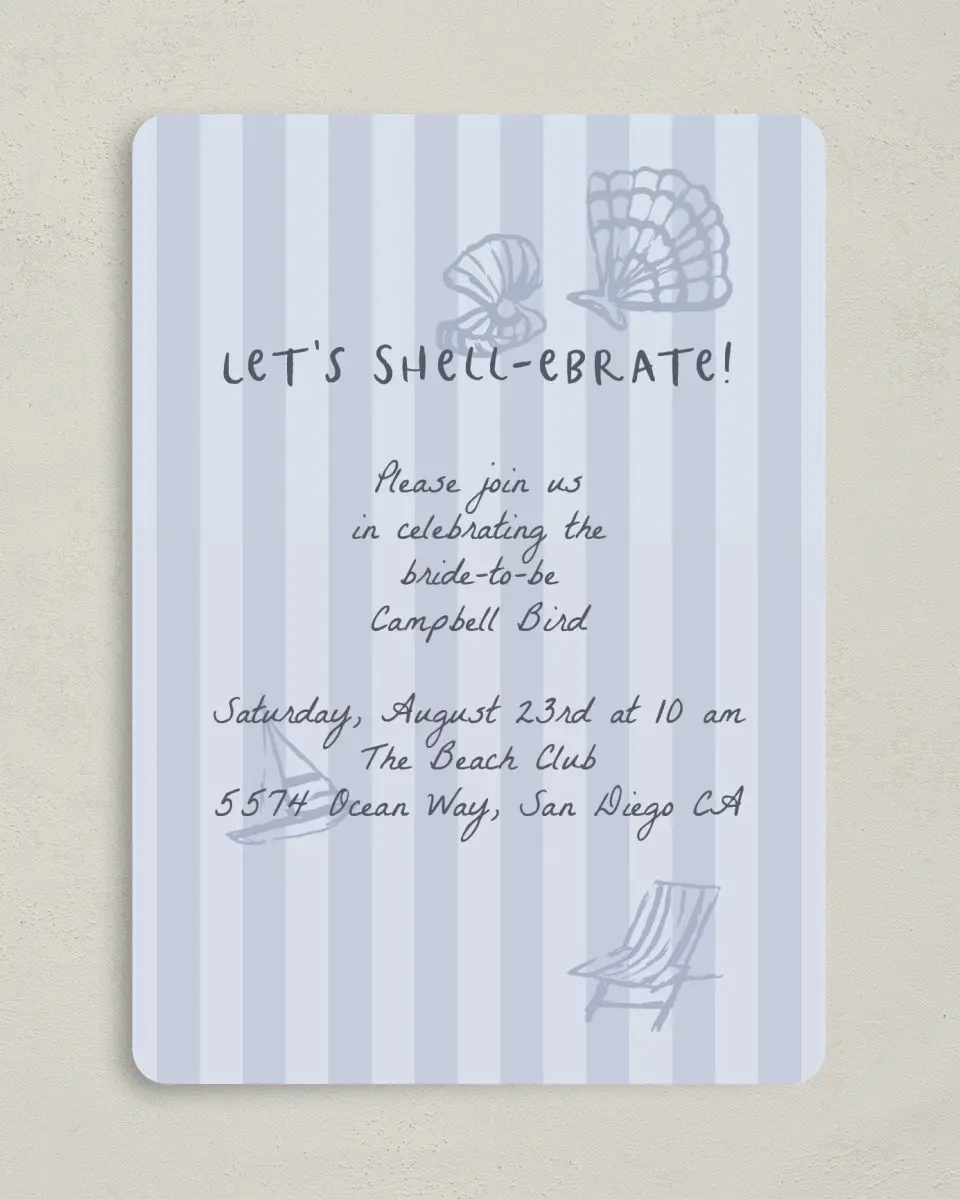 This is a 5" x 7" Bridal Shower Invitation called Shell-ebrate printed in full color on Premium Smooth paper
