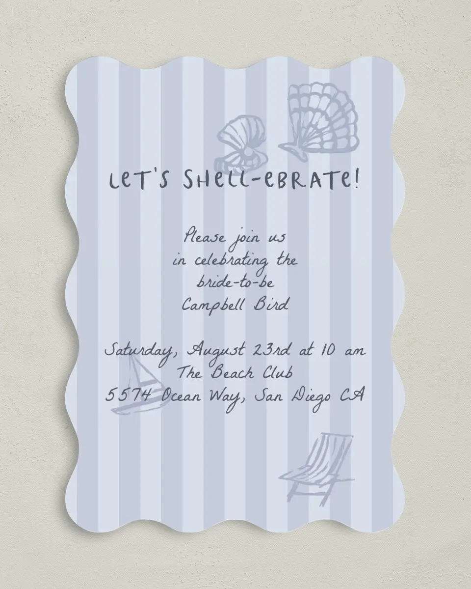 This is a 5" x 7" Bridal Shower Invitation called Shell-ebrate printed in full color with Gold foil on Luxe Satin (coated) paper