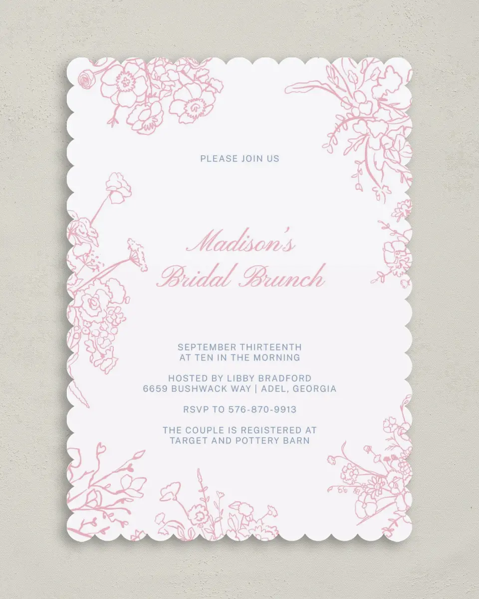 This is a 5" x 7" Bridal Shower Invitation called Soft Reverie printed in full color with Rose Gold foil on Luxe Satin (coated) paper
