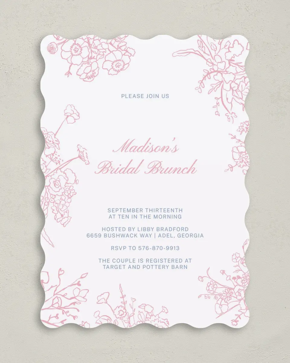 This is a 5" x 7" Bridal Shower Invitation called Soft Reverie printed in full color with Rose Gold foil on Luxe Satin (coated) paper