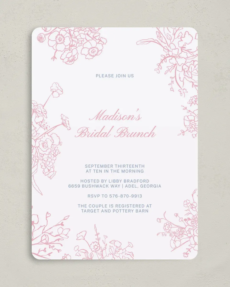 This is a 5" x 7" Bridal Shower Invitation called Soft Reverie printed in full color on Premium Smooth paper