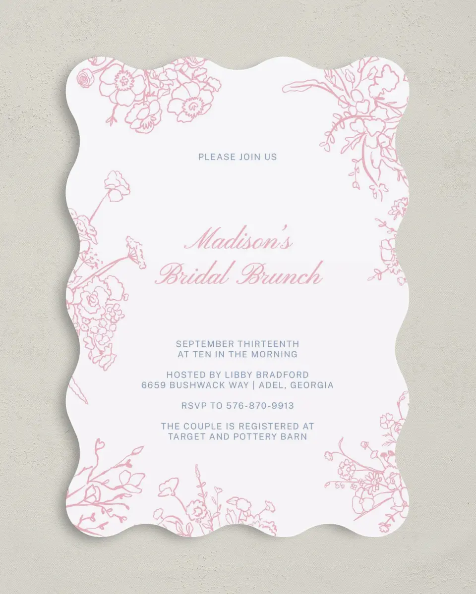 This is a 5" x 7" Bridal Shower Invitation called Soft Reverie printed in full color with Gold foil on Luxe Satin (coated) paper