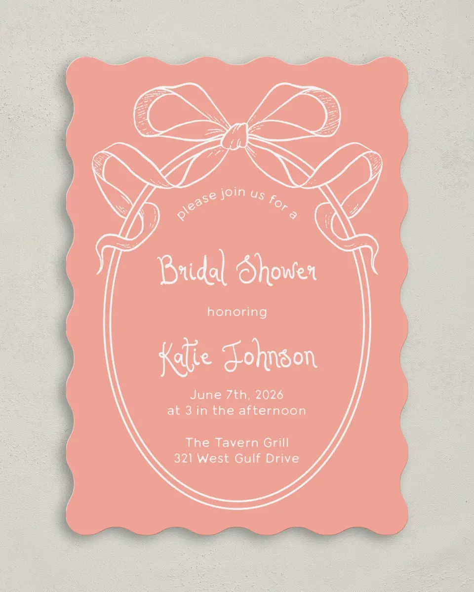 This is a 5" x 7" Bridal Shower Invitation called Bridal Bow printed in full color with Rose Gold foil on Luxe Satin (coated) paper