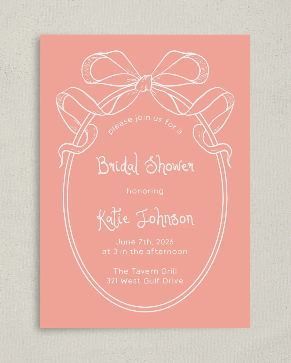 This is a 5" x 7" Bridal Shower Invitation called Bridal Bow printed in full color with Silver foil on Luxe Satin (coated) paper