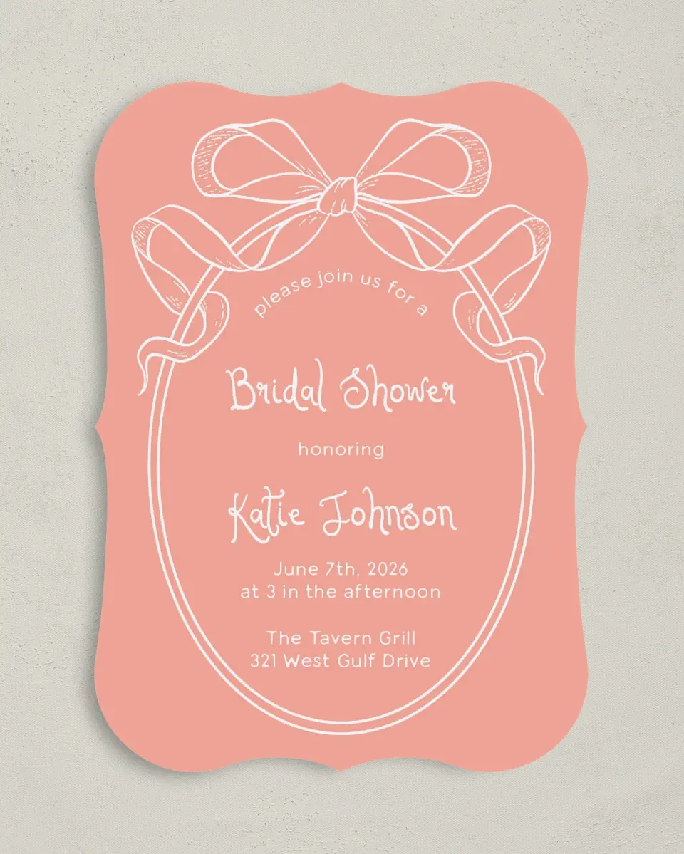 This is a 5" x 7" Bridal Shower Invitation called Bridal Bow printed in full color with Rose Gold foil on Luxe Satin (coated) paper