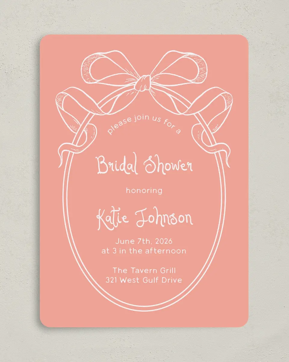 This is a 5" x 7" Bridal Shower Invitation called Bridal Bow printed in full color on Premium Smooth paper