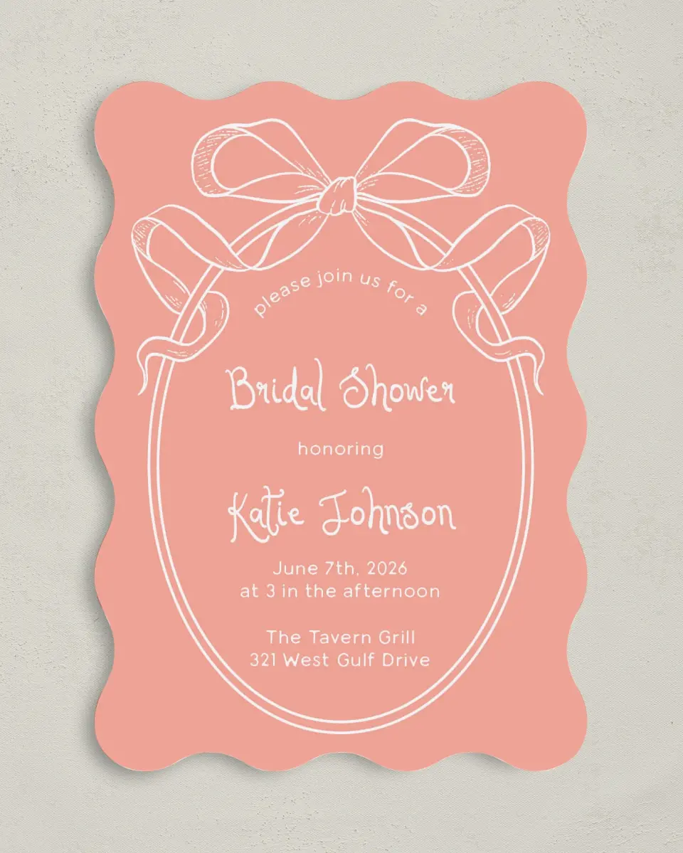 This is a 5" x 7" Bridal Shower Invitation called Bridal Bow printed in full color with Gold foil on Luxe Satin (coated) paper