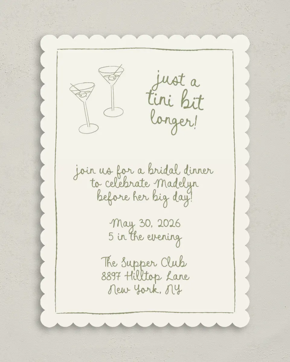 This is a 5" x 7" Bridal Shower Invitation called Tini Bit Longer printed in full color with Rose Gold foil on Luxe Satin (coated) paper