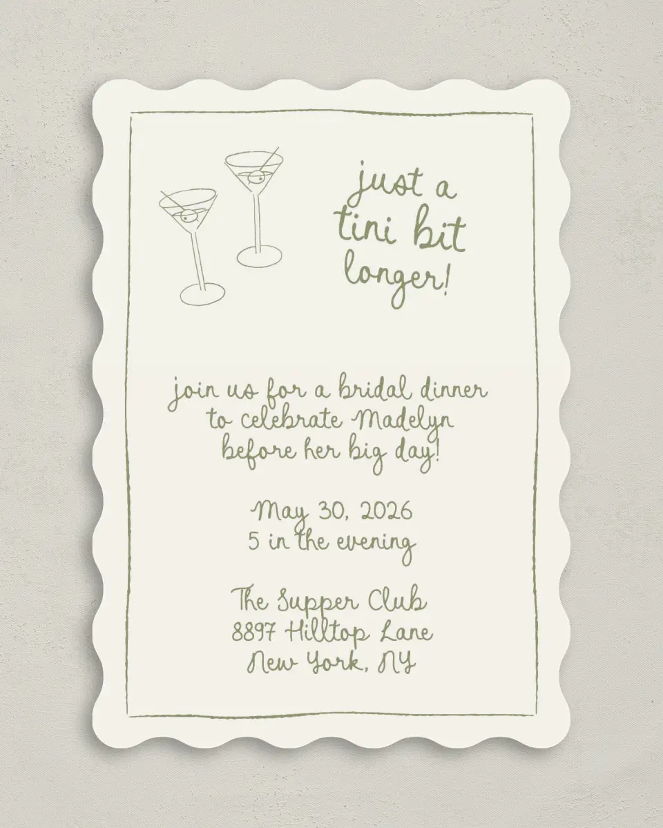 This is a 5" x 7" Bridal Shower Invitation called Tini Bit Longer printed in full color on Premium Smooth paper