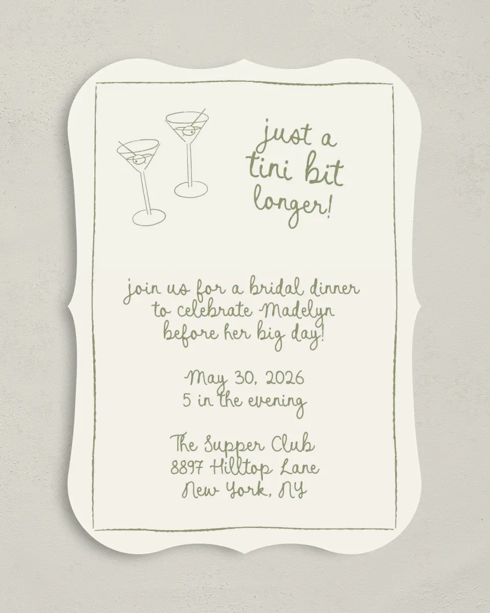 This is a 5" x 7" Bridal Shower Invitation called Tini Bit Longer printed in full color with Rose Gold foil on Luxe Satin (coated) paper