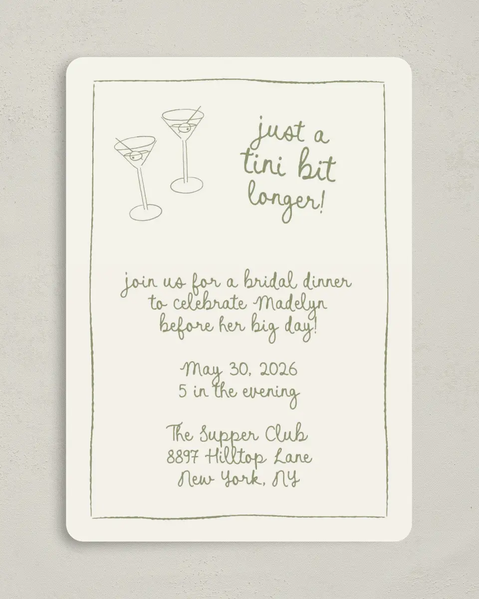 This is a 5" x 7" Bridal Shower Invitation called Tini Bit Longer printed in full color on Premium Smooth paper