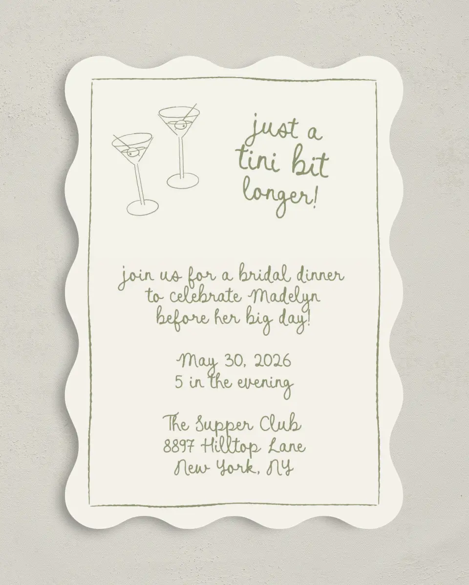This is a 5" x 7" Bridal Shower Invitation called Tini Bit Longer printed in full color with Rose Gold foil on Luxe Satin (coated) paper
