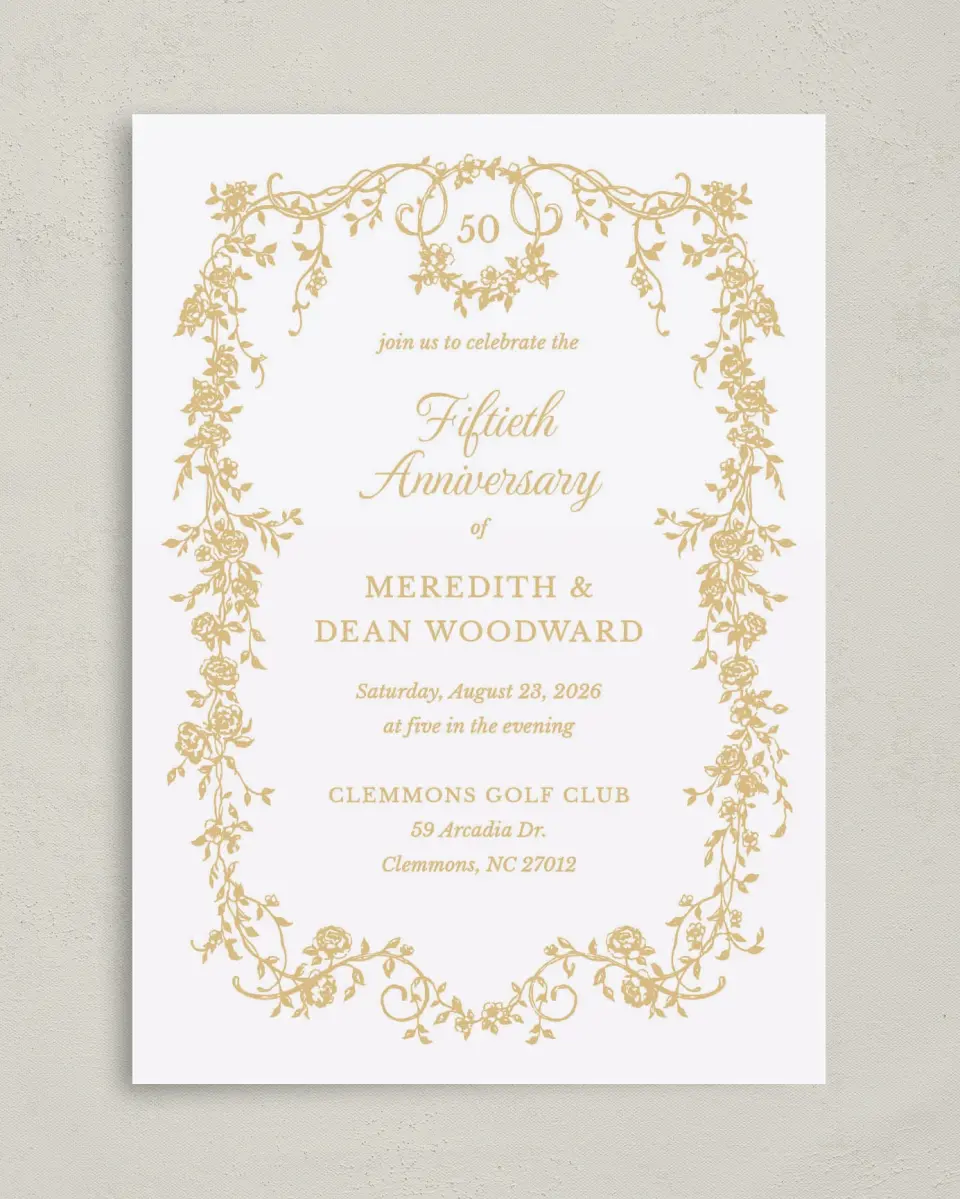 This is a 5" x 7" Anniversary Invitation called Lovely Years printed in full color with Silver foil on Luxe Satin (coated) paper