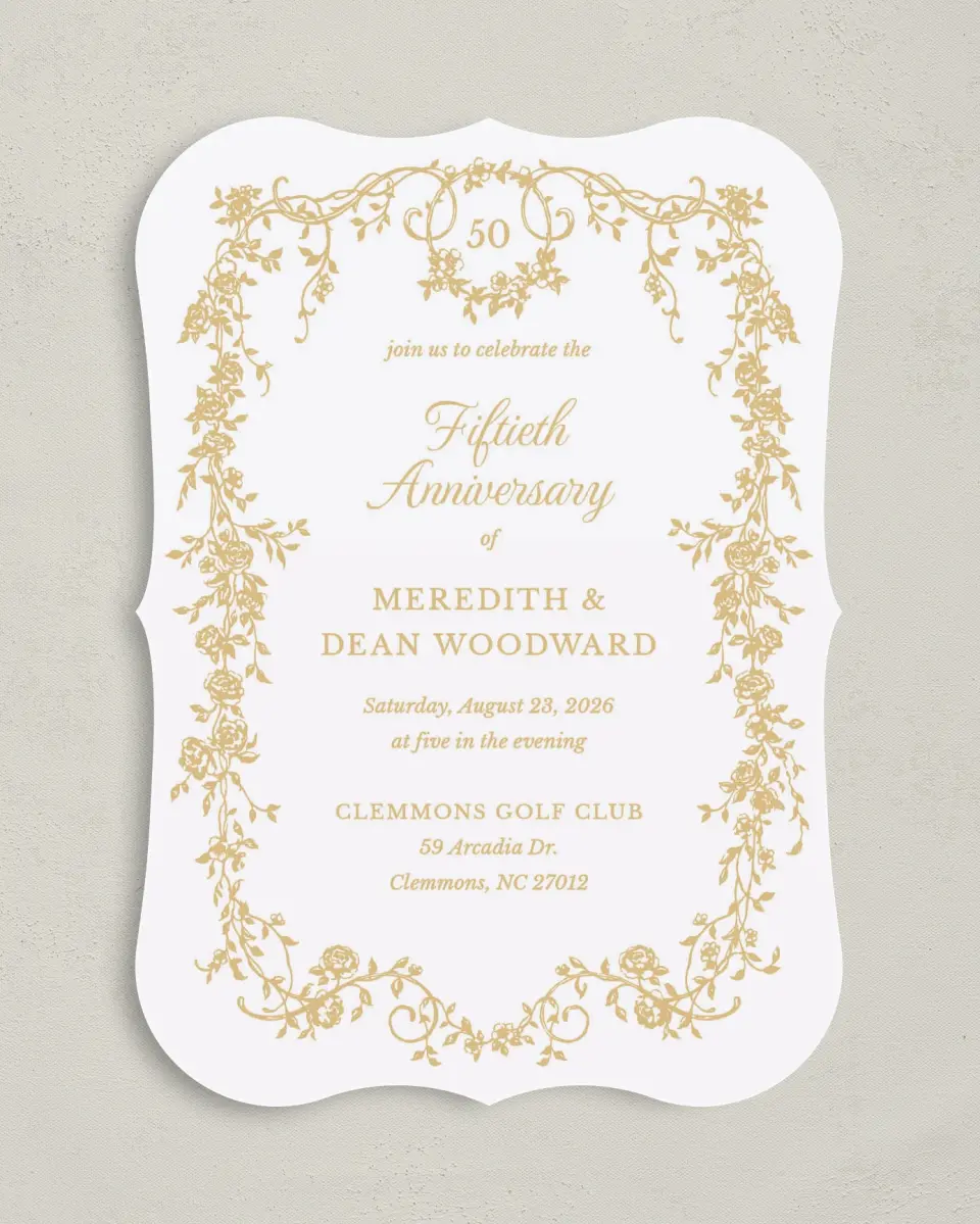 This is a 5" x 7" Anniversary Invitation called Lovely Years printed in full color on Premium Smooth paper