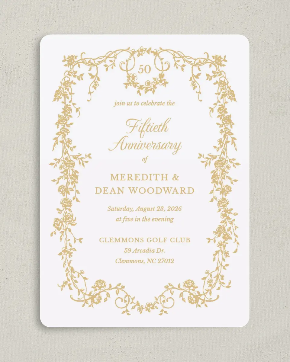 This is a 5" x 7" Anniversary Invitation called Lovely Years printed in full color on Premium Smooth paper