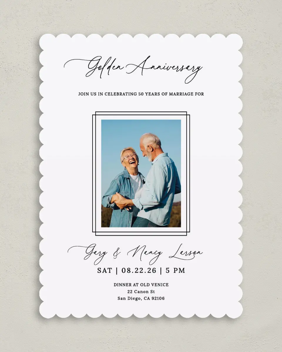 This is a 5" x 7" Anniversary Invitation called Framed Love printed in full color on Premium Smooth paper