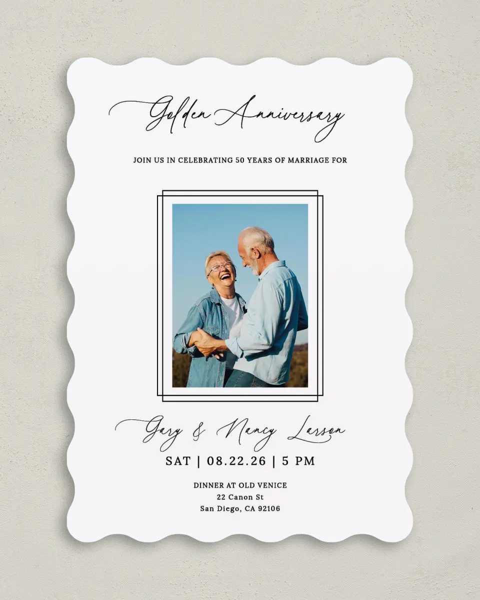 This is a 5" x 7" Anniversary Invitation called Framed Love printed in full color on Premium Smooth paper