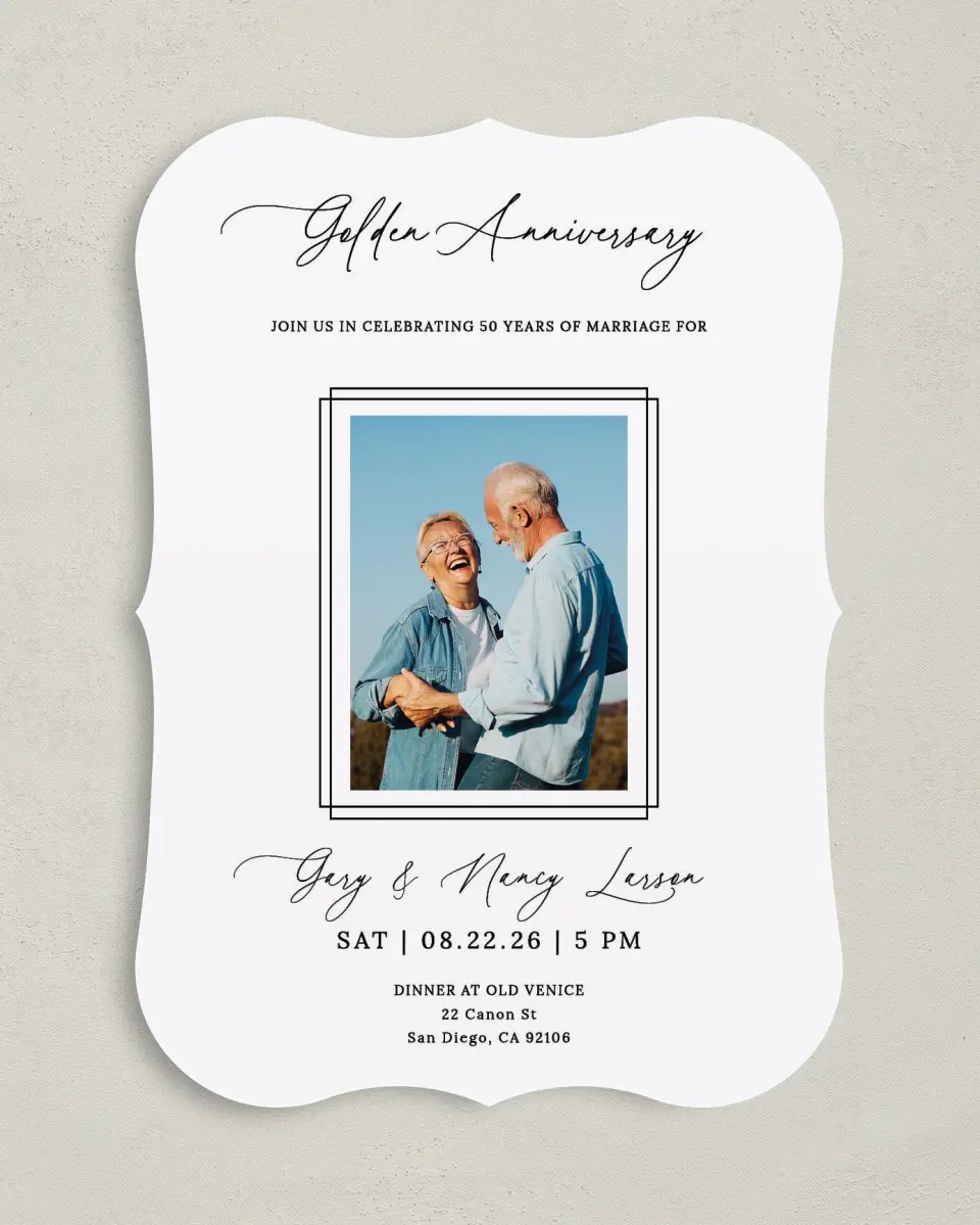 This is a 5" x 7" Anniversary Invitation called Framed Love printed in full color on Premium Smooth paper