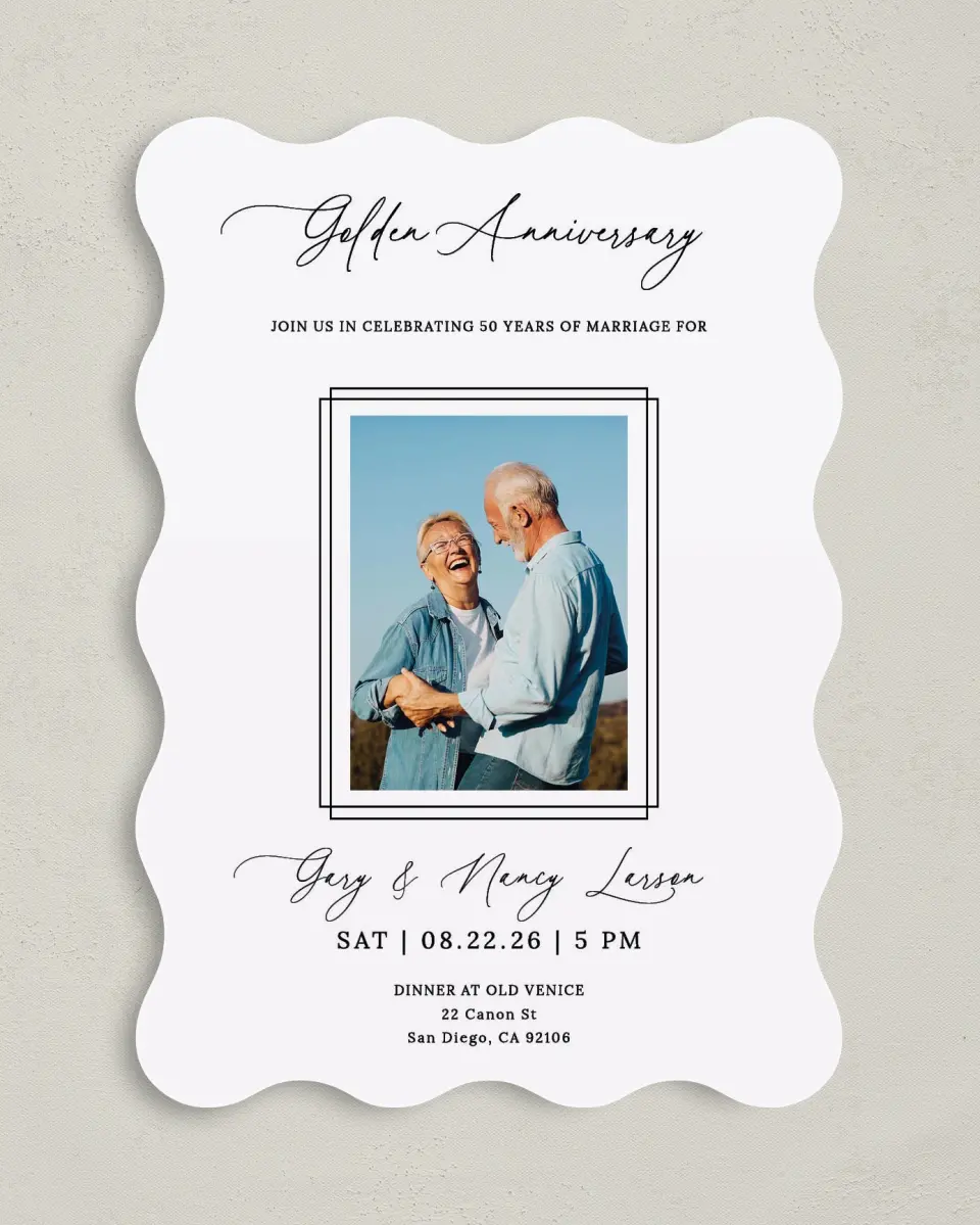 This is a 5" x 7" Anniversary Invitation called Framed Love printed in full color on Premium Smooth paper